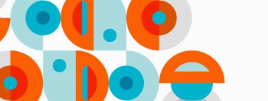 Soyut geometrik desen. Çemberler, yarı daireler uyumlu bir tasarım yaratmak için kesişiyor. Turuncu ve turkuaz renkler tarafsız arkaplanda baskın.