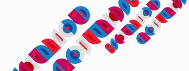 Renkli daireler ve çizgiler içeren soyut tasarım. Şekiller örtüşüyor ve dinamik görsel desen oluşturuyor. Minimalist estetik, parlak renkler sunar.