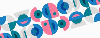 Soyut şablon tekrarlayan daireler, yarım daireler içerir. Renkler arasında pembe, deniz mavisi, mavi, beyaz var. Minimalist tasarım dinamik görsel doku yaratır.