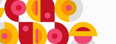 Soyut geometrik şekiller, canlı renkler, üst üste binen daireler, dikdörtgenler. Modern tasarım, eğlenceli kompozisyon, basit biçimler.