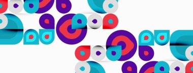 Soyut renkli çemberler beyaz arkaplanla örtüşüyor. Modern tasarım, canlı renkler neşeli kompozisyon yaratır. Basit şekiller, geometrik desen.