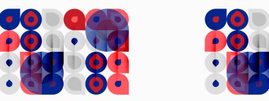 Geometrik desen daireler, kareler, dikdörtgenler içerir. Kırmızı, mavi, gri renkler modern estetik oluşturuyor. Tekrarlayan motifler kompozisyona hakim.