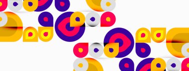 Soyut daireler çakışıyor, canlı desenler yaratıyor. Sarı, mor, pembe beyaz arkaplan. Modern tasarım elemanları.