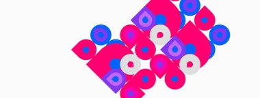 Soyut geometrik desen. Pembe kareler mor dairelerle örtüşüyor. Beyaz arkaplan karşıtlık yaratır. Modern tasarım ögesi.