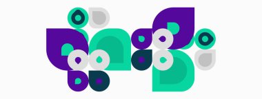 Soyut renkli çemberler, kareler dinamik bileşim oluşturur. Modern tasarım, canlı renkler, eğlenceli geometri.