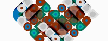 Soyut geometrik desen. Çemberler, kareler kalp şeklini oluşturur. Kahverengi, mavi, yeşil renkler tasarımda baskın. Minimalist stil.