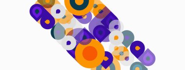 Üst üste binen daireler, kareler, çeşitli renkler içeren soyut kompozisyon. Minimalist tasarım, temiz çizgiler, modern estetik..