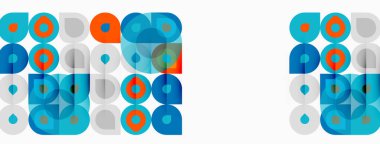 Soyut geometrik desen. Çemberler örtüşüyor, farklı gölgeler yaratıyor. Mavi, turuncu, gri baskın tasarım. Minimalist estetik.