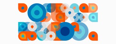 Üst üste binen daireler, kareler içeren soyut bir kompozisyon. Mavi, turuncu renkler tasarımda baskın. Minimalist biçim, geometrik desenler mevcut.