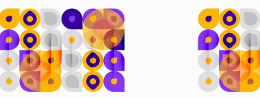 Geometrik desen kareler, daireler, zıt renkler içerir. Tasarım tekrarlar görsel ritim yaratır, modern estetik.