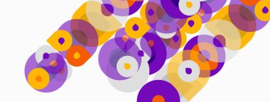 Soyut daireler örtüşüyor, dinamik görsel doku yaratıyor. Mor, turuncu, beyaz renkler kompozisyona hakim. Modern tasarım ögesi.