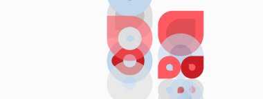 Soyut tasarım özellikleri üst üste binen kırmızı, beyaz, açık mavi şekiller. Minimalist bileşim katmanlar, derinlik ve modern estetik önerir.