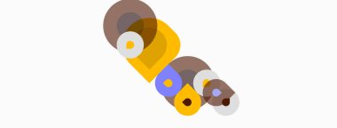 Soyut daireler örtüşüyor, katmanlı şekiller yaratıyor. Renkler arasında kahverengi, sarı, lavanta, gri var. Minimalist tasarım, basit kompozisyon.