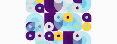 Üst üste binen daireler, kareler, çeşitli renkler içeren soyut kompozisyon. Işık arkaplanı karşıtlık sağlar, dinamik görsel efekt yaratır.