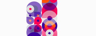 Üst üste binen daireler içeren soyut kompozisyon. Canlı pembeler, morlar, portakallar dinamik görsel doku oluşturur. Temiz beyaz arkaplan şekilleri geliştirir.