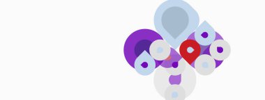 Soyut şekiller örtüşür, renkli kompozisyon oluşturur. Mor, kırmızı, açık mavi baskın tasarım. Minimalist estetik, temiz arkaplan.