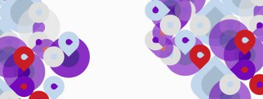 Üst üste binen daireler içeren soyut kompozisyon. Mor, kırmızı, mavi renkler beyaz arkaplana hakim. Modern, minimalist tasarım unsurları.