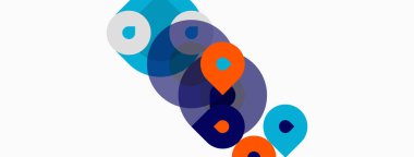 Üst üste binen daireler içeren soyut kompozisyon, değişik tonlarda mavi, turuncu, mor. Minimalist tasarım, temiz estetik, modern grafik ögesi.