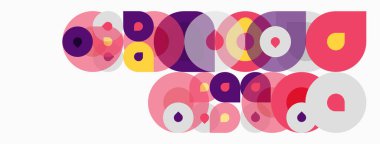 Soyut renkli daireler çakışıyor, eğlenceli kompozisyonlar oluşturuyor. Şekiller farklı boyutlarda, renklerde, dinamik görsel desen oluşturur..