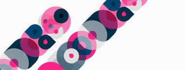 Soyut geometrik desen. Çemberler, kareler uyumlu bir tasarım yaratıyor. Pembe, deniz mavisi, gri baskın kompozisyon. Minimalist estetik.