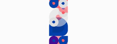 Soyut tasarım özellikleri üst üste binen daireler, mavi, pembe renkler. Minimalist kompozisyon modern görsel etki yaratır. Basit geometri baskın gelir..