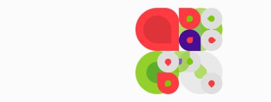 Soyut renkli daireler çakışıyor ve dinamik bileşim oluşturuyor. Beyaz arka planda parlak renklerin karşıtlığı. Modern tasarım ögesi.