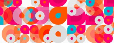 Renkli kesişen daireler canlı desenler oluşturur. Pembe, turuncu, turkuaz renkler tasarımda baskın. Modern geometrik estetik.