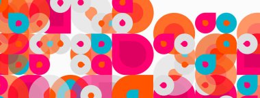 Soyut geometrik desen. Çemberler, kareler örtüşüyor. Renkli bir kompozisyon oluşturuyor. Modern tasarım, oyuncu estetik.