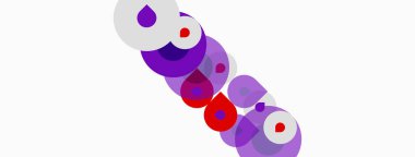 Soyut kompozisyon, üst üste binen daireler, değişik boyutlarda, mor, kırmızı, beyaz renkler. Minimalist tasarım, temiz çizgiler, modern estetik..