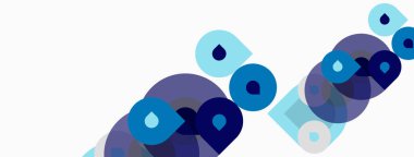 Soyut tasarım özellikleri üst üste binen mavi daireler, damlacıklar. Hafif arka planlı minimalist kompozisyon, modern estetik. Basit şekiller dinamik görsel akış yaratır.