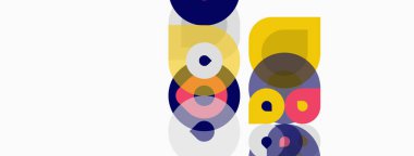 Üst üste binen daireler, kareler, canlı renkler içeren soyut kompozisyon. Minimalist tasarım, temiz estetik, modern sanat tarzı.
