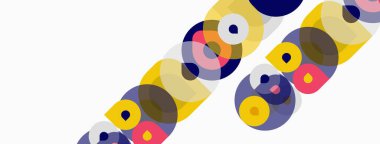 Soyut desenler üst üste binen daireler. Renkler sarı, pembe, lacivert, kahverengi. Çapraz düzenleme dinamik görsel akış yaratır.