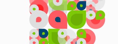 Renkli kesişen daireler soyut desenler oluşturur. Yumuşak pastel gölgeler, neşeli görsel doku sunarak kompozisyona egemen olur.