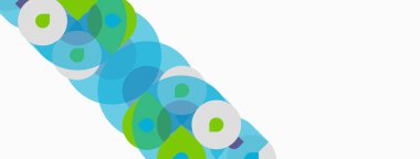 Soyut daireler örtüşüyor, parlak mavi, yeşil renkler yaratıyor. Beyaz alan kompozisyona hükmediyor, temiz estetik sunuyor. Modern tasarım ögesi.