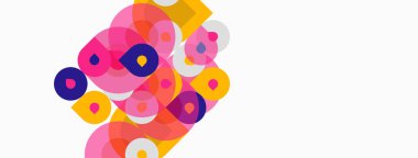 Soyut renkli daireler çakışıyor, canlı desenler yaratıyor. Pembe, mor, turuncu renkler beyaz arkaplana hakim. Modern tasarım.