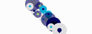 Soyut daireler, değişik tonlarda mavi, mor. Üst üste binen formlar dinamik bileşim oluşturur. Minimalist tasarım, temiz estetik.