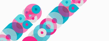 Soyut desenler üst üste binen daireler, pembeler, maviler, beyazlar. Minimalist tasarım dinamik görsel akış yaratır. Basit şekiller tekrarlanır.