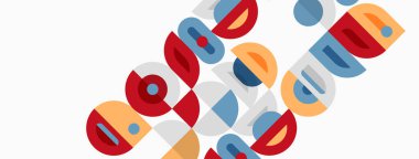 Üst üste binen renkli daireler, dikdörtgenler içeren soyut bir kompozisyon. Minimalist tasarım, sıcak ve serin tonlarda. Modern estetik, geometrik şekiller mevcut.