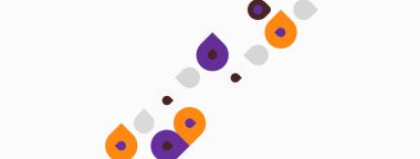 Soyut şekiller, mor, turuncu, gri noktalar beyaz arkaplana dağılmış. Minimalist tasarım, basit geometri, modern estetik.