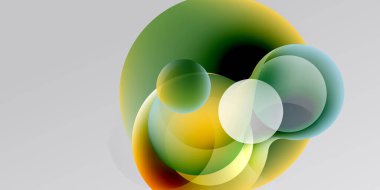 Üst üste binen daireler içeren soyut kompozisyon. Renkler yeşil, sarı, orangutan yumuşak eğimler. Minimalist tasarım, modern estetik.