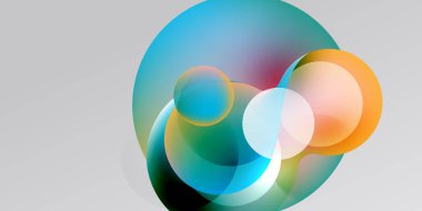 Soyut daireler örtüşür, canlı renk karışımları yaratır. Yumuşak eğimler ışık, derinlik ve hareket olduğunu gösteriyor. Koyu arkaplanda minimalist tasarım.