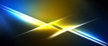 Parlak ışık çizgileri kesişiyor. Mavi, sarı renkler koyu arkaplana hakim. Soyut enerji merkezi noktadan yayılır. Canlı renkler dinamik görsel efekt yaratır.