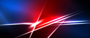Soyut ışık çizgileri, parlak mavi, kırmızı renkler koyu arkaplana hakim. Enerji merkezi noktadan, dinamik bileşimden yayılır.