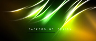 Soyut canlı dalgalar, sarı, yeşil renkler. Modern tasarım ögesi, parlak çizgiler, koyu arkaplan dinamik görsel etki yaratır.