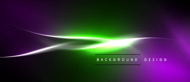 Soyut enerjik tasarım. Mor, yeşil renkler düzgün bir şekilde harmanlanır. Parlak ışık çizgisi dinamik görsel efekt yaratır. Modern, şık bir sunum.