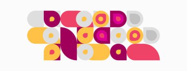 Soyut geometrik şekiller, daireler, dikdörtgenler, pembe, sarı, gri. Minimalist tasarım, düz çizim, modern estetik. Basit kompozisyon.