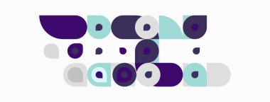 Soyut geometrik bileşim. Çemberler, yarı daireler, farklı boyutlarda, mor, deniz mavisi renkleri beyaz arkaplana hakim. Minimalist tasarım.