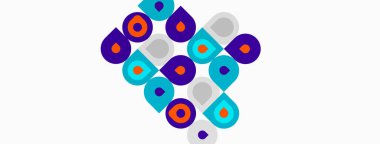 Soyut desen renkli daireler, kareler içerir. Şekiller örtüşür ve dinamik görsel doku yaratır. Tasarım modern, geometrik görünüyor.