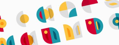 Soyut geometrik şekiller, renkli desenler tekrar ediyor. Minimalist tasarım, düz çizim, modern estetik. Basit biçimler görsel doku oluşturur.