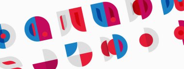 Soyut geometrik şekiller, daireler, yarı daireler, kırmızı, mavi, beyaz. Minimalist tasarım, tekrarlayan desen, modern estetik.